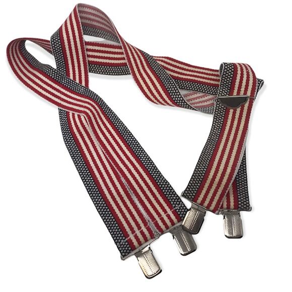 Vintage Patriotic USA Suspenders Stretch Elastic Clip On Red Cream 23" Long - Picture 1 of 1